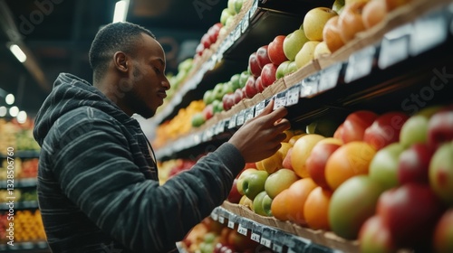 African american man smelling locally grown apples at supermarket, supporting nonpolluting small business by buying bio food. Client choosing fruits from crates, enjoying natural aroma.