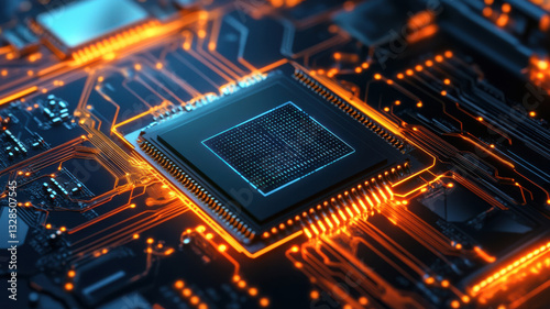 close-up view of a computer chip on a circuit board with a blue glow.