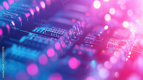 a close-up view of a circuit board with neon lights.