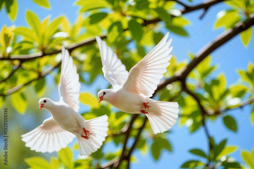 Fototapeta premium Playful paper doves fluttering in spring breeze, symbolizing peace