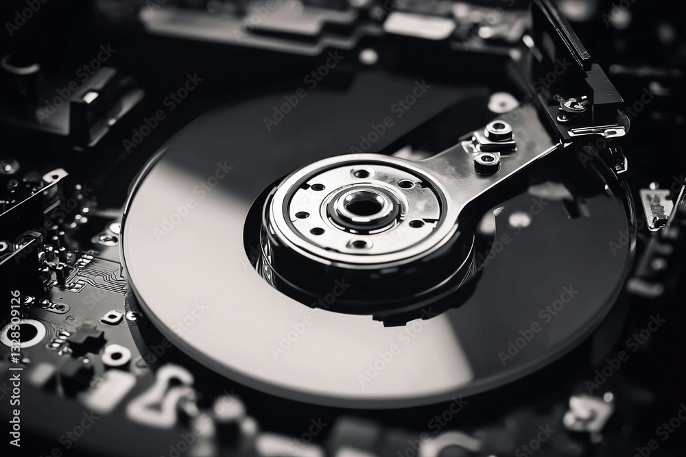 Close-up View of Computer Hard Disk Components in a Monochrome Image Close-up View of Computer Hard Disk Components in a Monochrome Image
