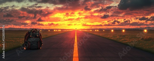 Runway in Sunset Glow with Aviator Backpack Left Beside Landing Lights
