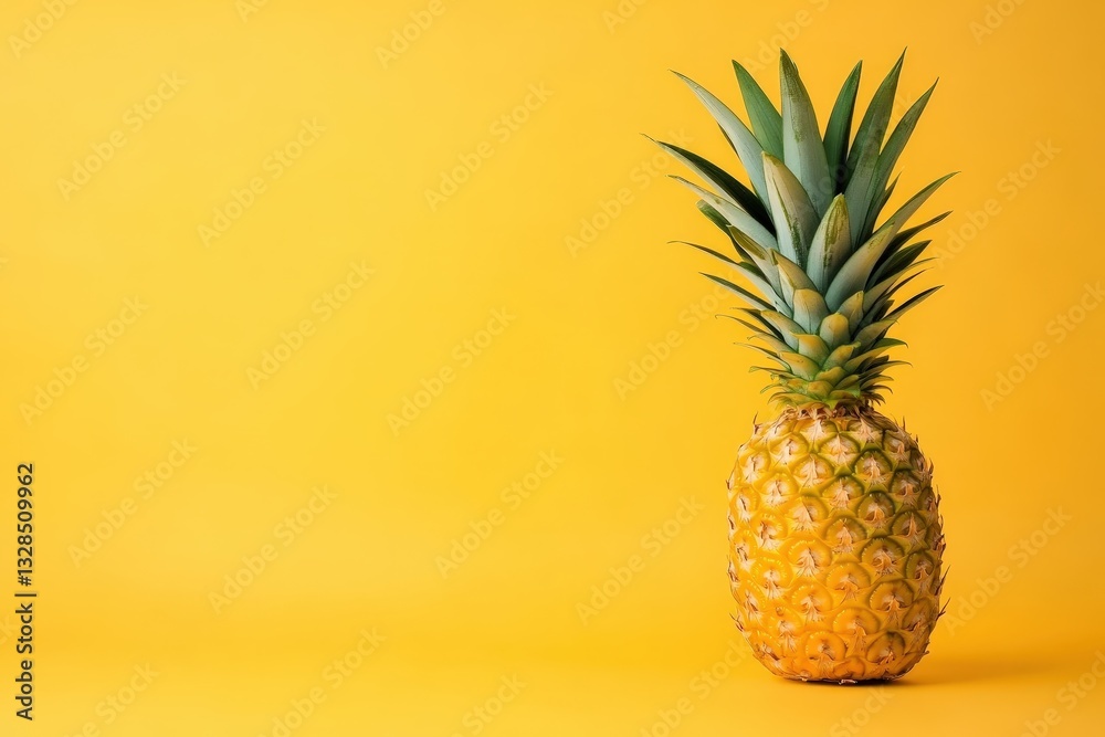 A single ripe pineapple stands against a yellow background A single ripe pineapple stands against a yellow background