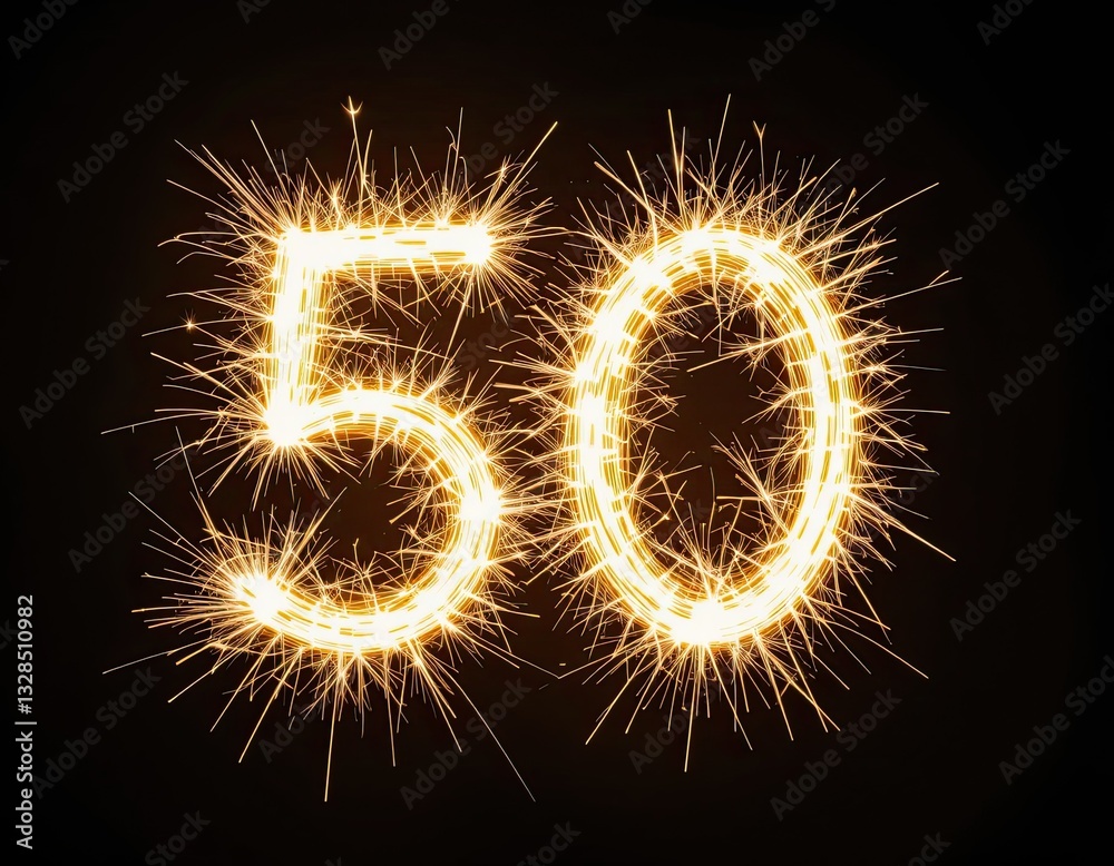 Sparkling number fifty with sparklers on black background Sparkling number fifty with sparklers on black background