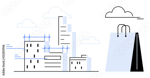 Skyscrapers and buildings under construction with scaffolding next to shopping bag. Ideal for urban development, retail business, consumerism, modernity, commerce, architecture, lifestyle. Minimal