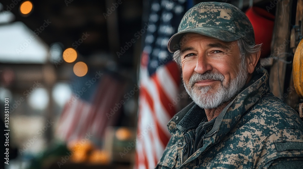 Smiling Veteran at Rural Fall Market Stand Smiling Veteran at Rural Fall Market Stand