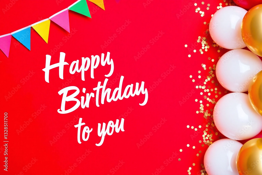 Naklejka premium birthday card with balloons and confetti on a red background