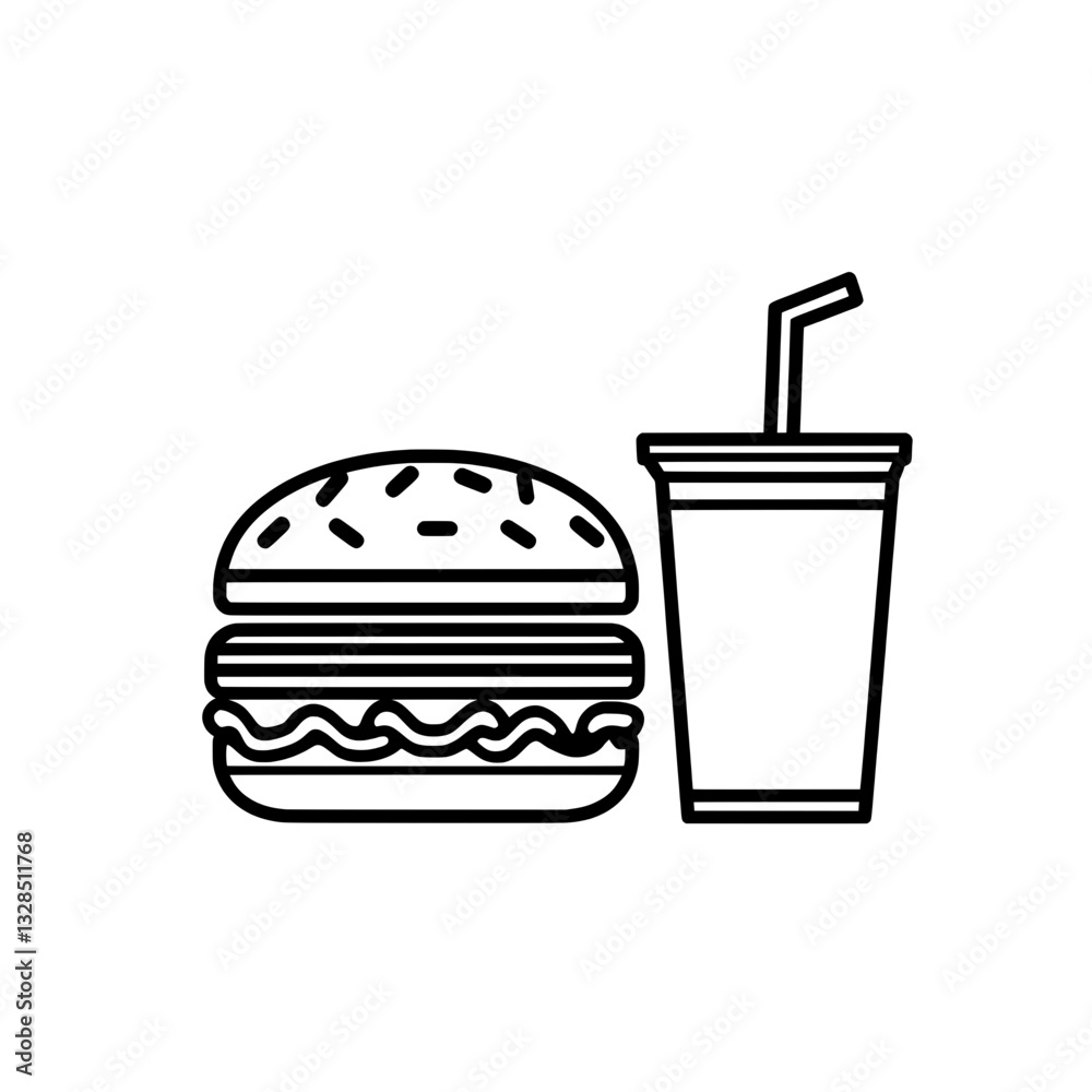 Minimalistic fast food meal combo icon featuring a burger and a soft drink cup, representing casual and quick-service restaurant meals. Minimalistic fast food meal combo icon featuring a burger and a soft drink cup, representing casual and quick-service restaurant meals.