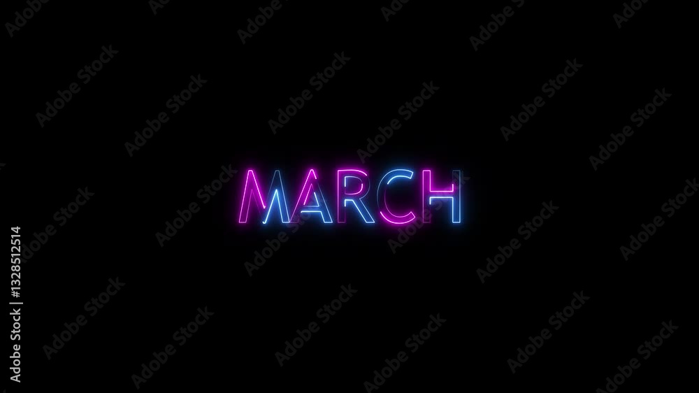 Neon glowing March month text icon animation background 4k.