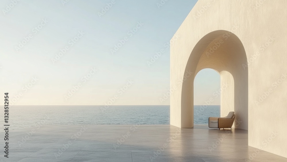 Fototapeta premium Minimalist ocean view patio with arched doorway and chair.