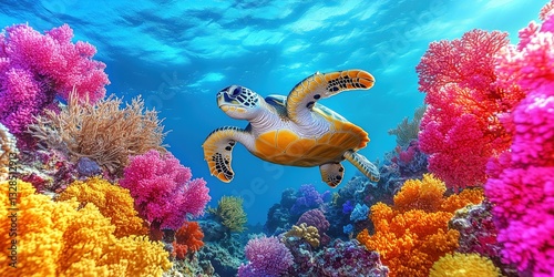 Happy sea turtle glides through a vibrant, multicolored coral reef in crystal-clear turquoise water, surrounded by stunning marine life in a breathtaking underwater paradise