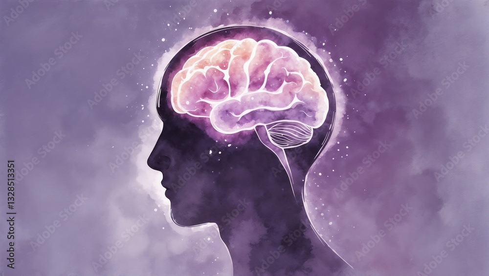 Obraz premium Whimsical Watercolor Card, Purple Human Profile of Head with a Glowing Brain, Neuroscience Concept, Soft Artistic Background