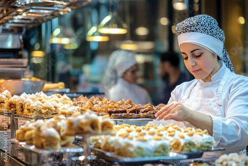 A dessert display filled with baklava and sweet pastries. CafÃ© staff carefully arrange each treat before iftar begins.