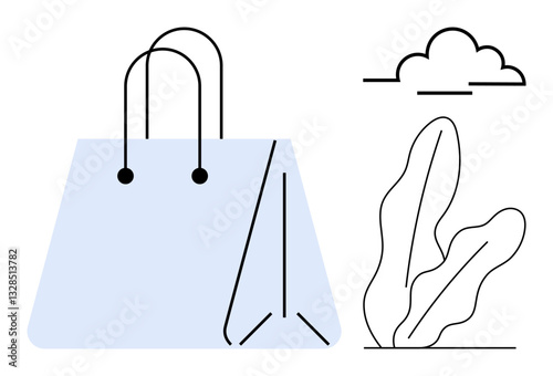 Reusable shopping bag highlighted with sleek design, paired with a cloud and plant shapes. Ideal for sustainability, shopping, eco-lifestyle, environment, nature, minimalism conscious living. Clean