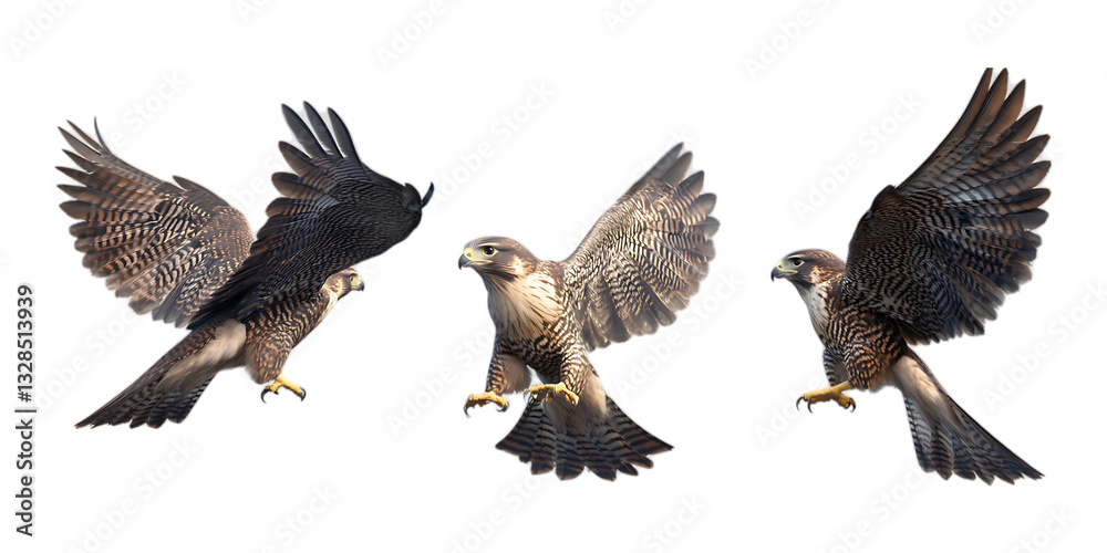 Obraz premium Pack Falcon Set in Different Poses Against Transparent Background for Wildlife Conservation, Bird of Prey Studies, or Falconry Branding