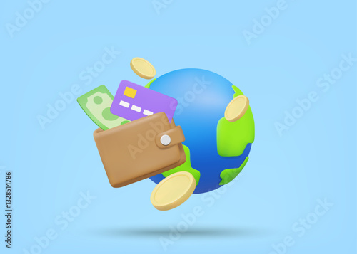 3D Illustration Vector Render Icon Earth, Credit Card, Digital Wallet, Banknotes and Coins. Global Spending Concept. International Financial Transactions. Travel. Online Shopping. Business. Connection