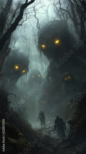 Whispers of the Unknown: A captivating dark fantasy scene unfolds, where spectral figures loom ominously in a misty forest, their glowing eyes piercing the shadows.