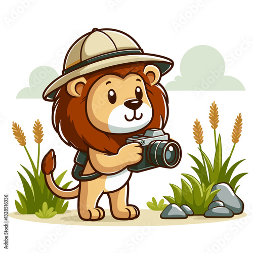 Lion photographer with camera in safari grassland setting. Vector illustration for wildlife photography, nature exploration, or children's adventure themes.