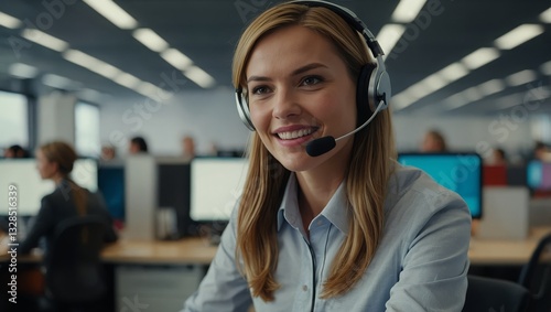 Smiling Call Center Representative in a Modern Office, Focused and Professional

