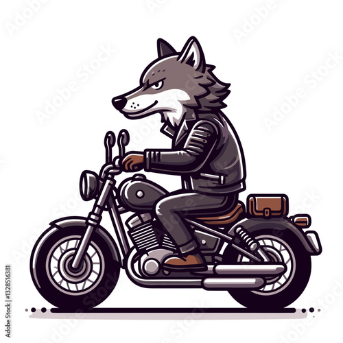 Wolf biker in leather jacket riding motorcycle on white background. Vector illustration for motorcycle clubs, rebel culture, or edgy character design.