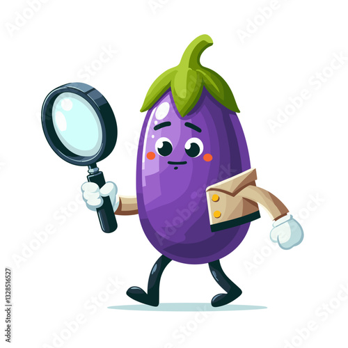 Purple eggplant detective with magnifying glass and envelope. Vector illustration for mystery cooking shows, food investigation, or vegetable detective stories.
