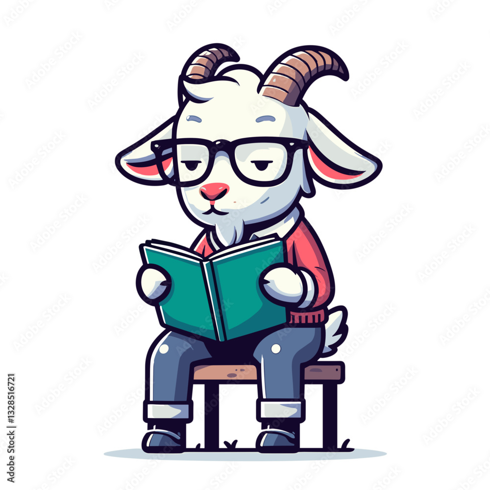 Intellectual goat in glasses reading book while sitting. Vector illustration for education concepts, reading programs, or literary mascot designs. Intellectual goat in glasses reading book while sitting. Vector illustration for education concepts, reading programs, or literary mascot designs.