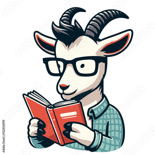 Intellectual goat with glasses reading red book in green shirt. Vector illustration for education initiatives, reading programs, or smart character concepts.