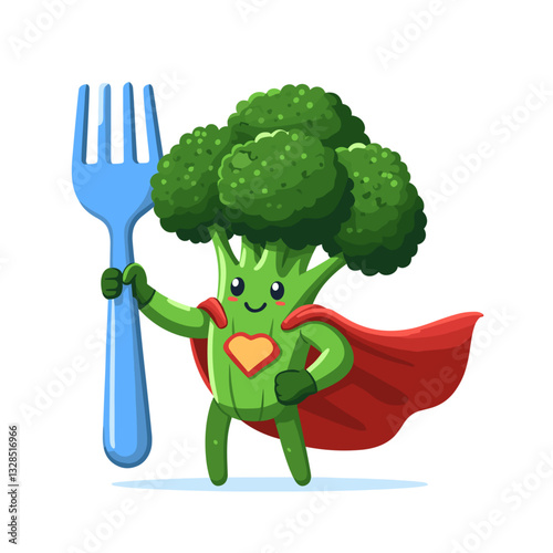 Superhero broccoli with red cape holding blue fork. Vector illustration for healthy eating campaigns, children's nutrition education, or vegetable power concepts.