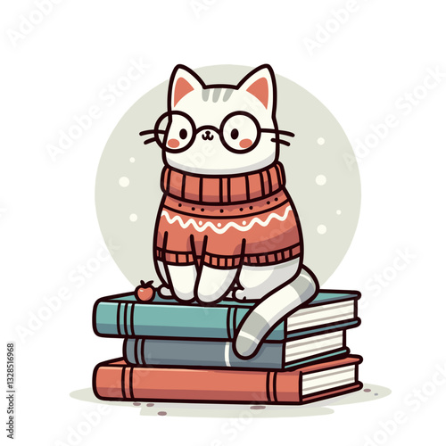 Studious cat in sweater sitting on stack of books with glasses. Vector illustration for literary events, cozy reading corners, or educational mascot designs.