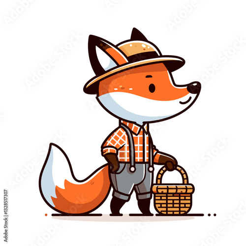 Fox forager with wicker basket in checkered shirt and explorer hat. Vector illustration for forest harvesting, woodland adventures, or natural food gathering themes.