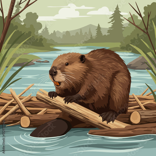 Beaver Building Dam in River Cartoon Illustration in Nature