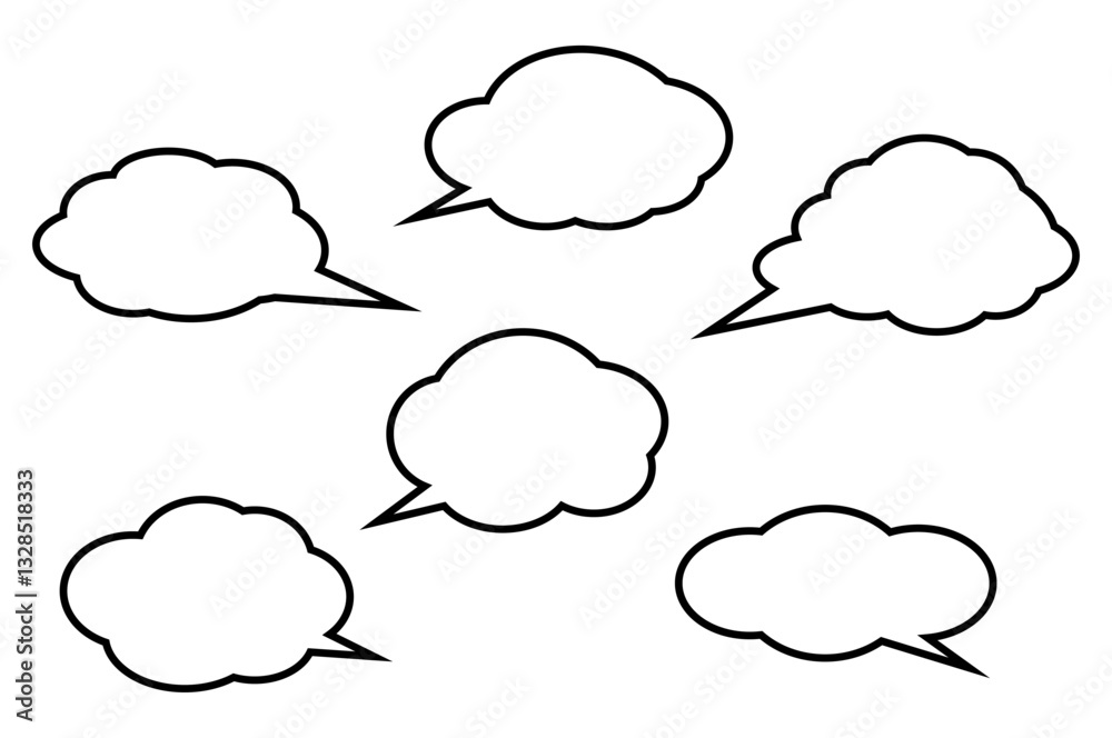 Cloud shaped speech bubble set with black outline isolated on white background. Blank comic chat balloons collection for design and communication Cloud shaped speech bubble set with black outline isolated on white background. Blank comic chat balloons collection for design and communication