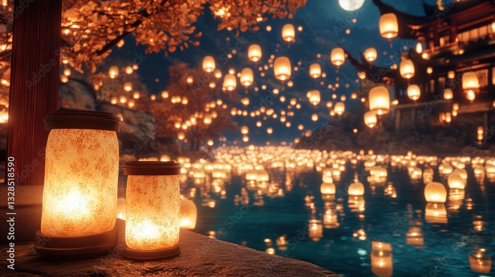 Obraz premium Serene Night Scene Floating Lanterns Illuminated Water Asian Architecture Tranquil Atmosphere Peaceful Evening Magical Lights