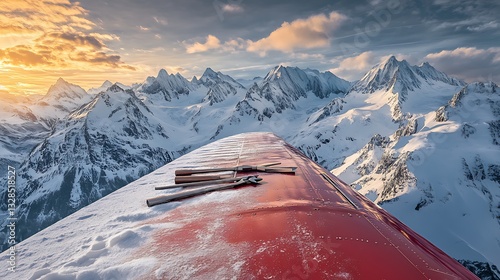 Snowy Mountains with Aviator Tools Spread on Wing of Grounded Airplane