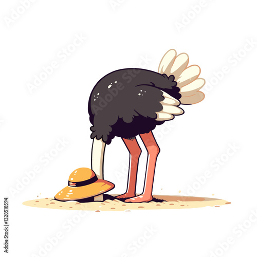 Ostrich with head buried in sand wearing sun hat. Vector illustration for avoidance behavior, ignoring problems, or humorous denial concepts.