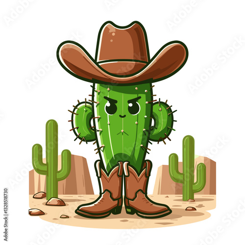 Tough cactus cowboy with boots and hat in desert setting. Vector illustration for southwestern themes, desert guardians, or western plant character concepts.
