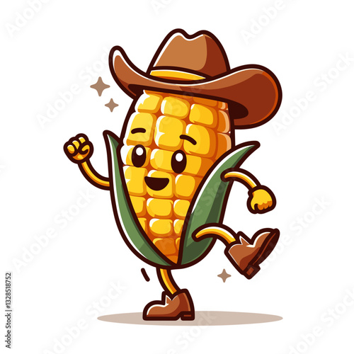 Energetic corn character in cowboy hat marching forward. Vector illustration for agricultural festivals, grain products, or farm-themed mascot designs.
