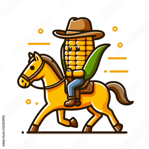 Corn cowboy riding horse in western landscape. Vector illustration for agricultural adventures, farm character concepts, or countryside wild west themes.