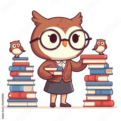 Scholarly owl librarian with glasses surrounded by book stacks. Vector illustration for educational resources, wisdom seekers, or academic knowledge concepts.
