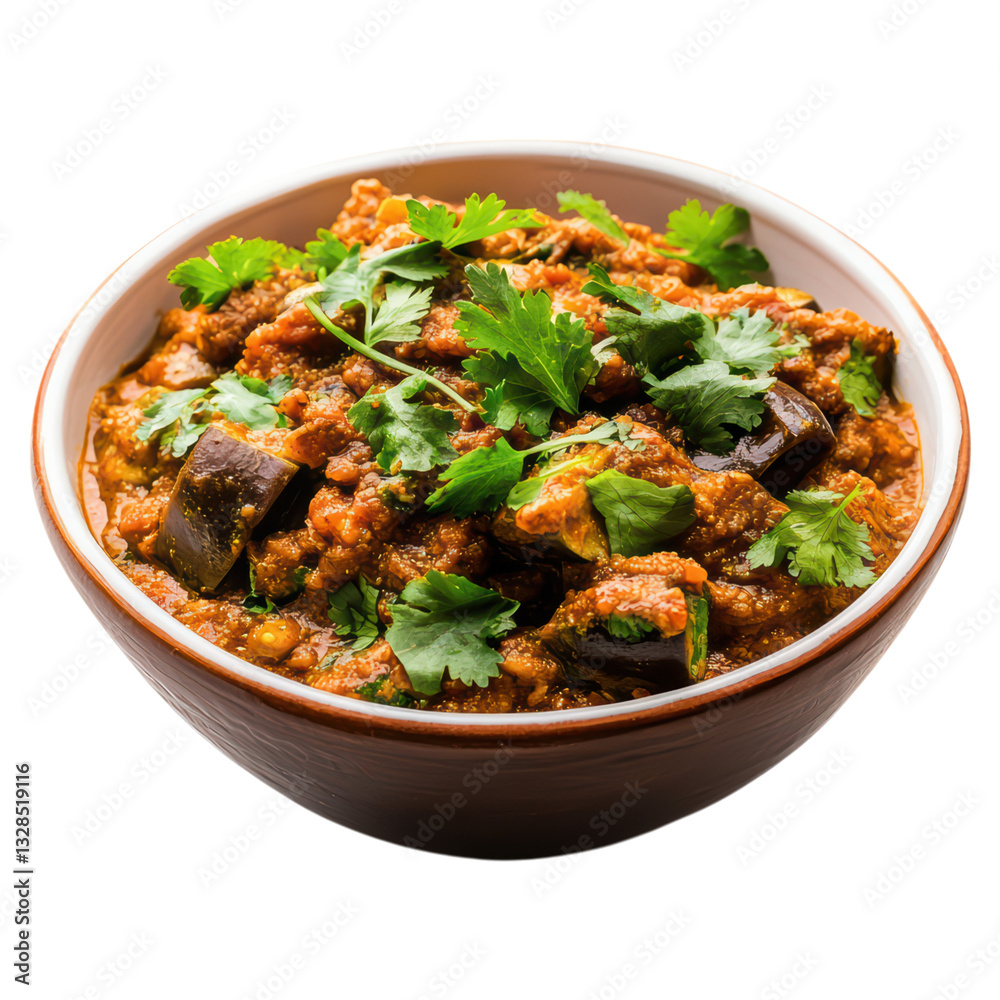 Smoky Mashed Eggplant Curry with Fresh Herbs in a Bowl, isolated on transparent background. Smoky Mashed Eggplant Curry with Fresh Herbs in a Bowl, isolated on transparent background.