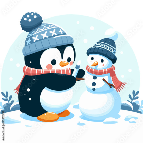 Penguin building snowman in winter hat and scarf on snowy landscape. Vector illustration for arctic activities, winter friends, or cold weather fun concepts.