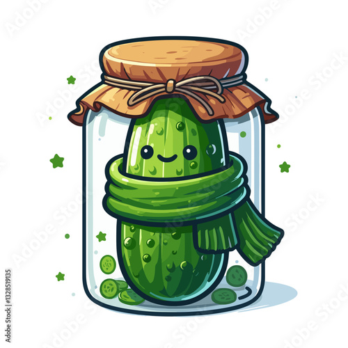 Cozy pickle in jar with green scarf and winter decorations. Vector illustration for preserved foods, winter comfort eating, or holiday pickling traditions.