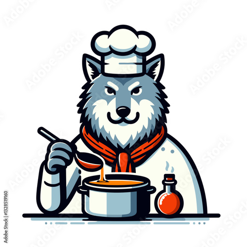 Wolf chef stirring pot with wooden spoon in chef hat. Vector illustration for wild cooking, carnivore cuisine, or predator culinary concepts.