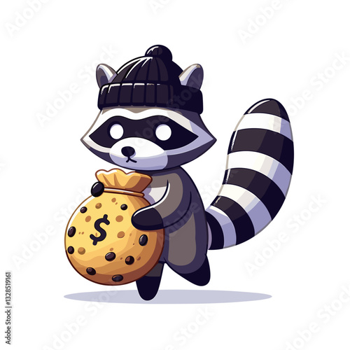 Sneaky raccoon with cookie and money bag on white background. Vector illustration for mischievous characters, playful thieves, or cute bandit concepts.