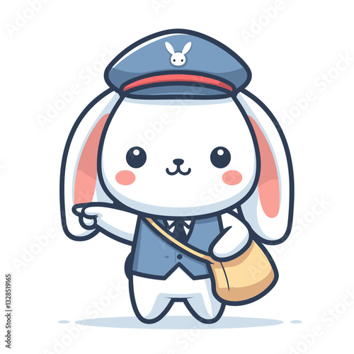 Cute bunny mail carrier in blue uniform with messenger bag. Vector illustration for postal services, delivery mascots, or communication themed children's content.