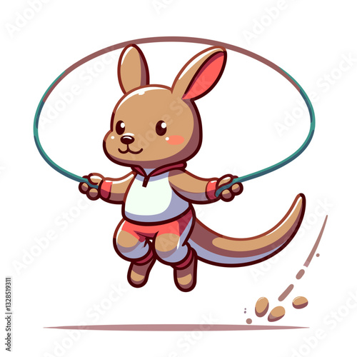 Kangaroo kid jumping rope with athletic stance. Vector illustration for children's fitness, active marsupial concepts, or playful exercise activities.