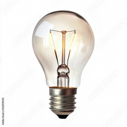 Close-up of glowing light bulb on white, idea concept, creative, tungsten, innovation, electric, energy, technology, bright.