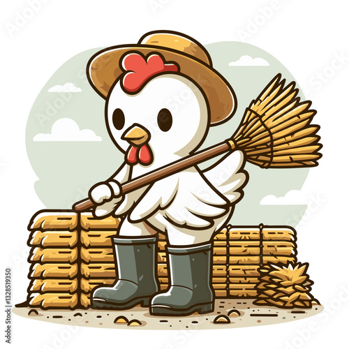 Chicken farmer with straw hat sweeping hay stack with broom. Vector illustration for poultry farm chores, rustic barnyard work, or countryside animal labor.