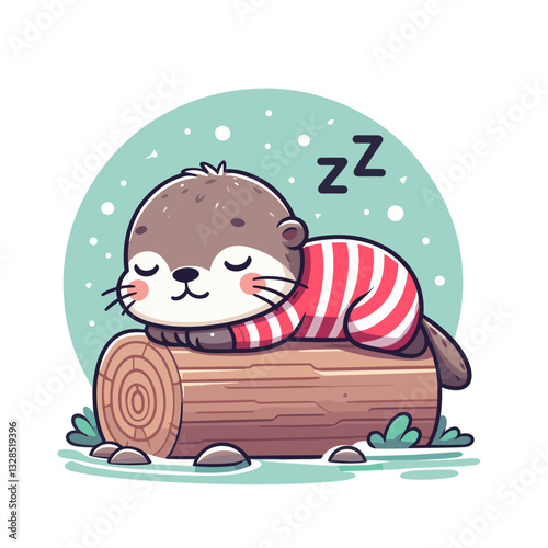 Sleepy otter in striped pajamas resting on wooden log. Vector illustration for restful animals, woodland nap time, or cute aquatic bedtime concepts.