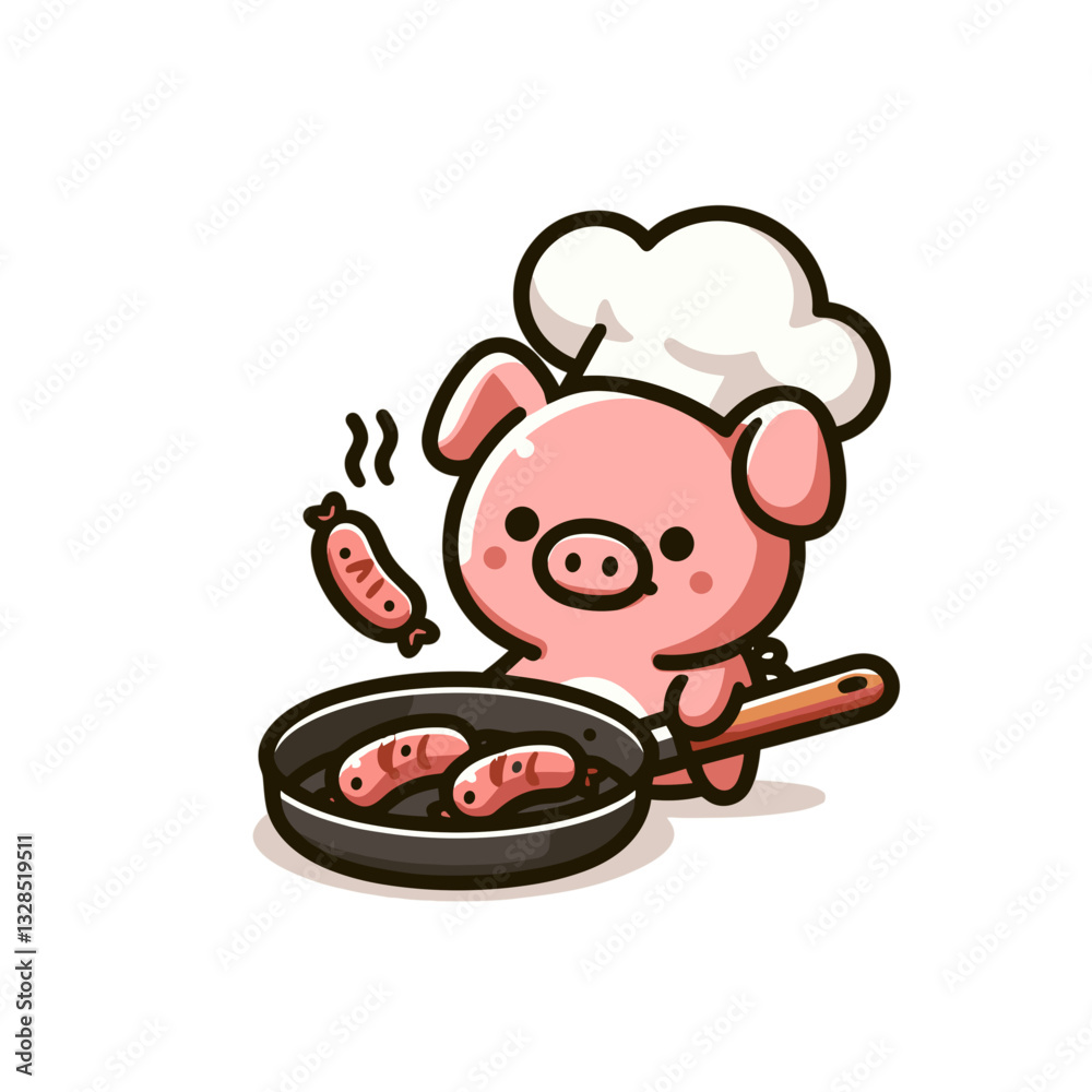 Pig chef cooking sausages in frying pan with white hat. Vector illustration for meat cuisine, pork cooking humor, or breakfast preparation concepts. Pig chef cooking sausages in frying pan with white hat. Vector illustration for meat cuisine, pork cooking humor, or breakfast preparation concepts.